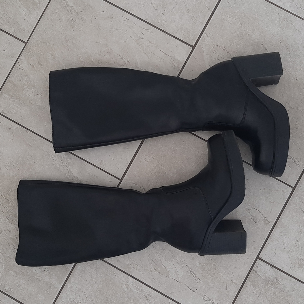 Women's Vintage Henri Pierre Black Leather Chunky Long Platform Boots Size 6.5